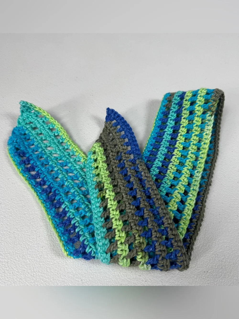 Handmade Crochet Tie Headband in Teal, Blue, Green & Gray
